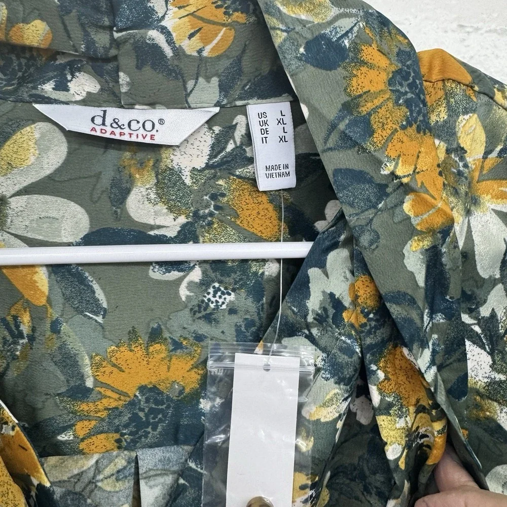D&Co Denim & Co Size L Shirt Blouse Floral Long Sleeve TieGreen Blue Gold Flowy - Picture 5 of 9